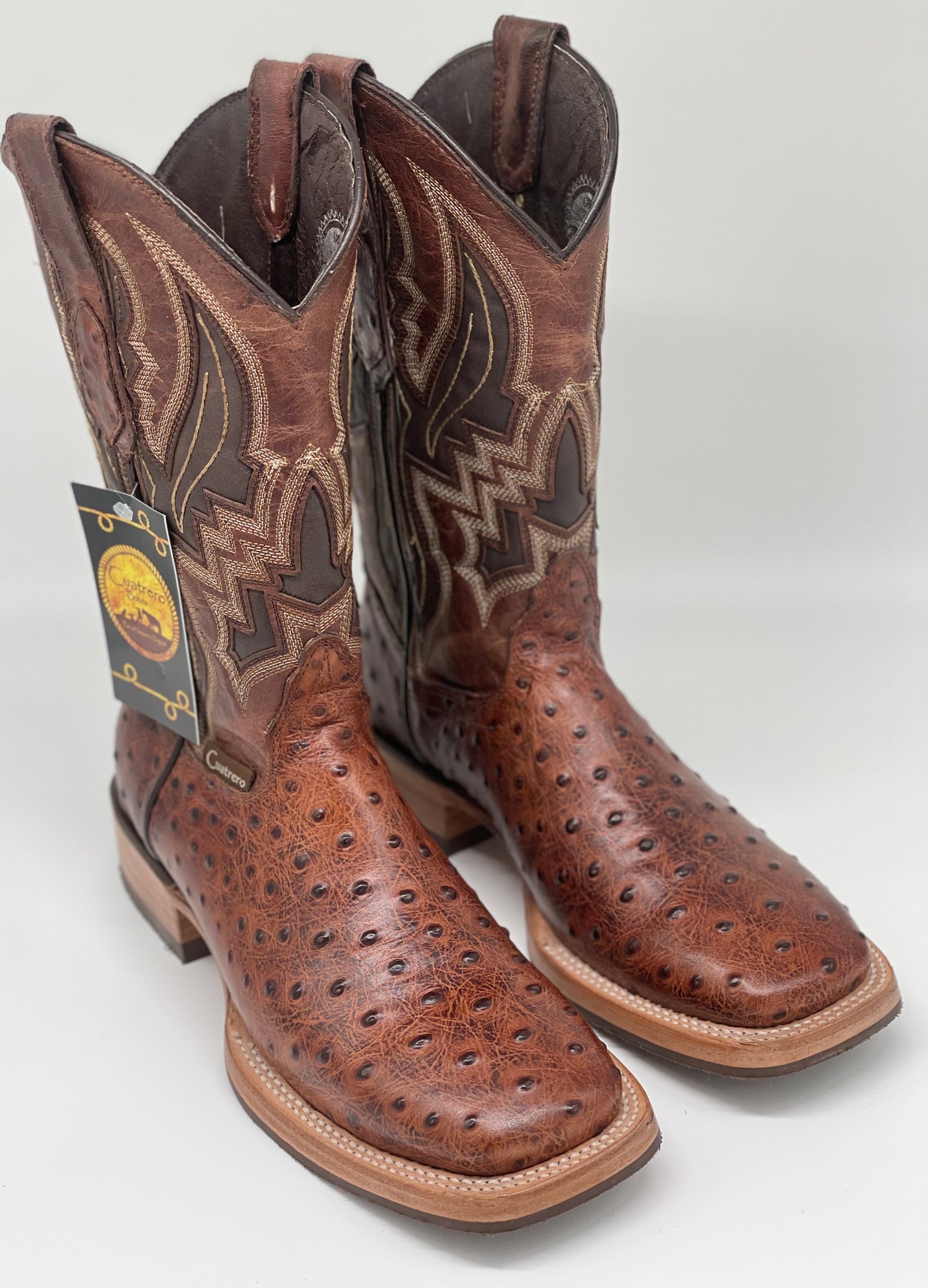 Square Toe Ostrich Print Cognac Munequeda - Cuatrero Boots