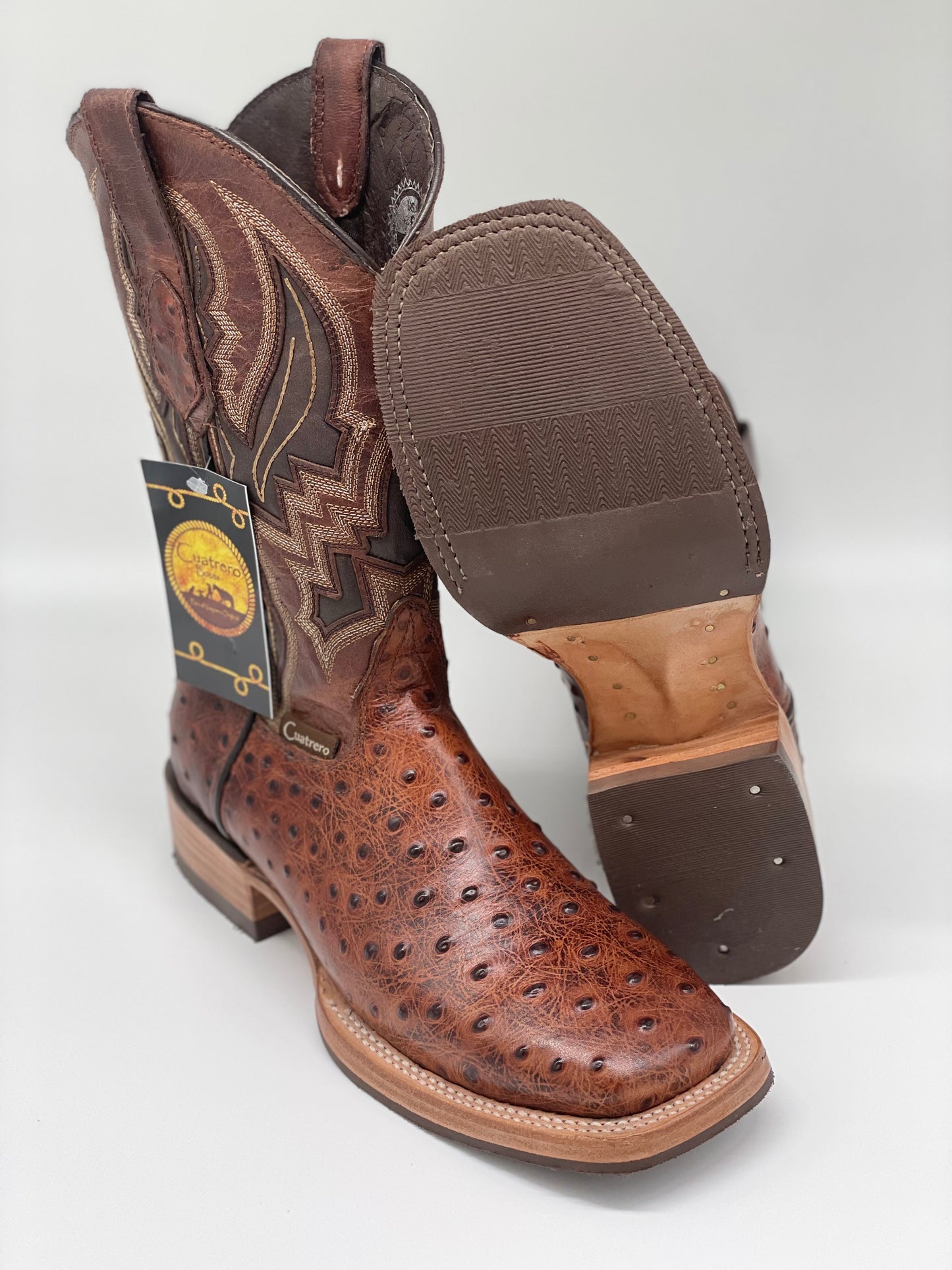 Square Toe Ostrich Print Cognac Munequeda - Cuatrero Boots