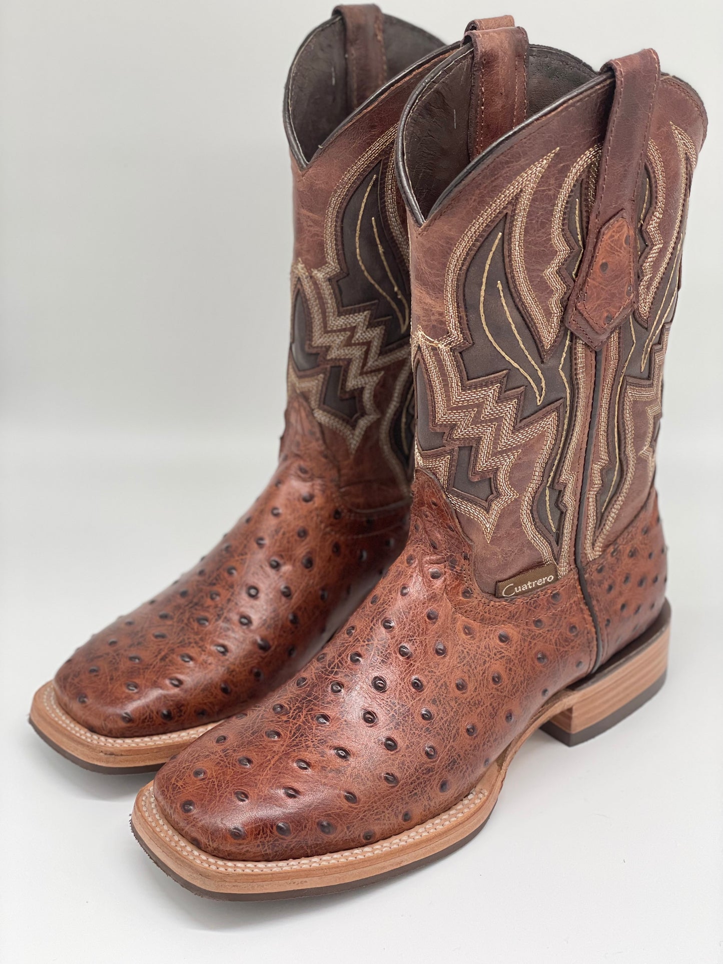 Square Toe Ostrich Print Cognac Munequeda - Cuatrero Boots