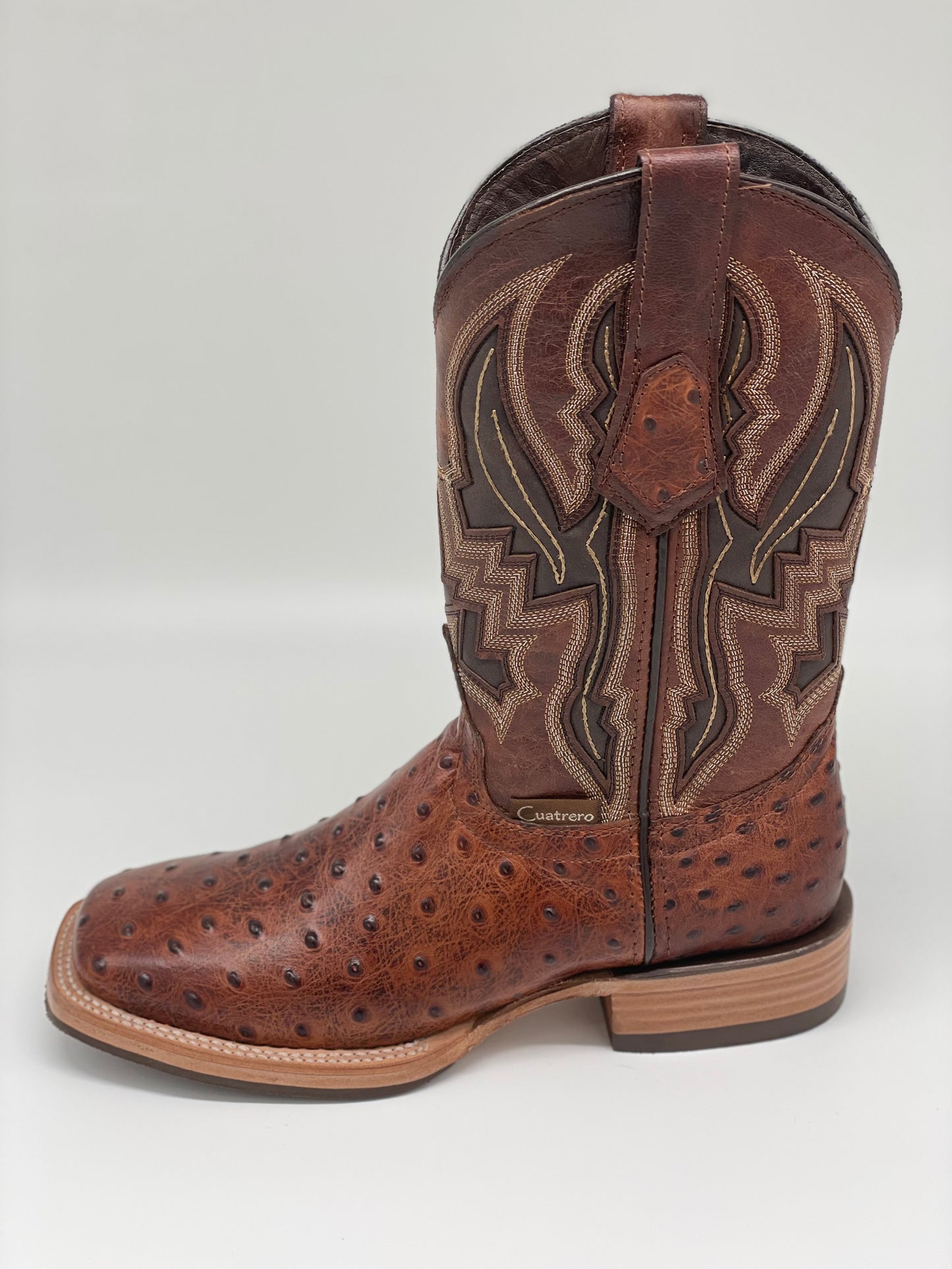 Square Toe Ostrich Print Cognac Munequeda - Cuatrero Boots