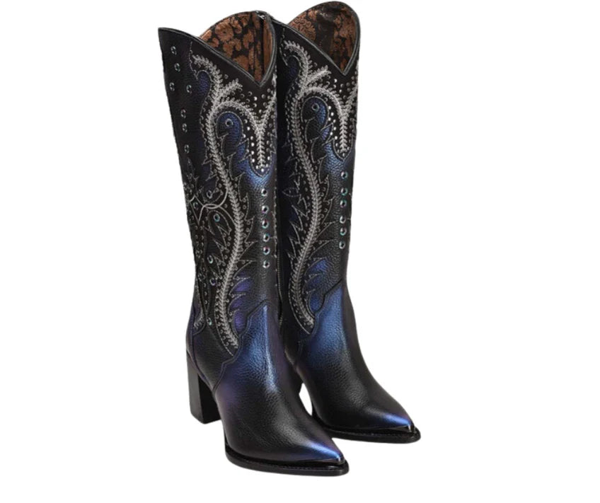 Cuadra Womens Black Overlay & Embroidery & Studs Pointed Toe