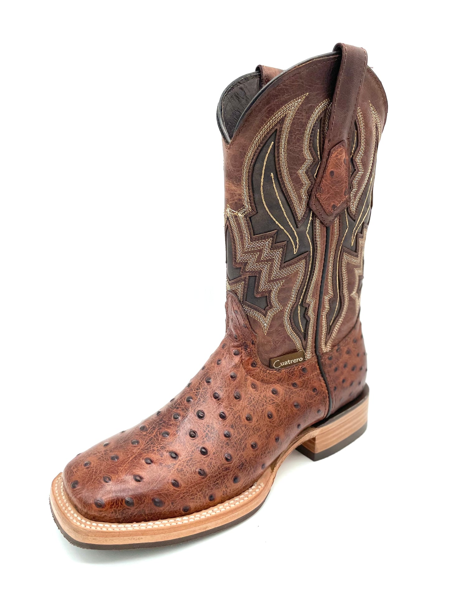 Square Toe Ostrich Print Cognac Munequeda - Cuatrero Boots