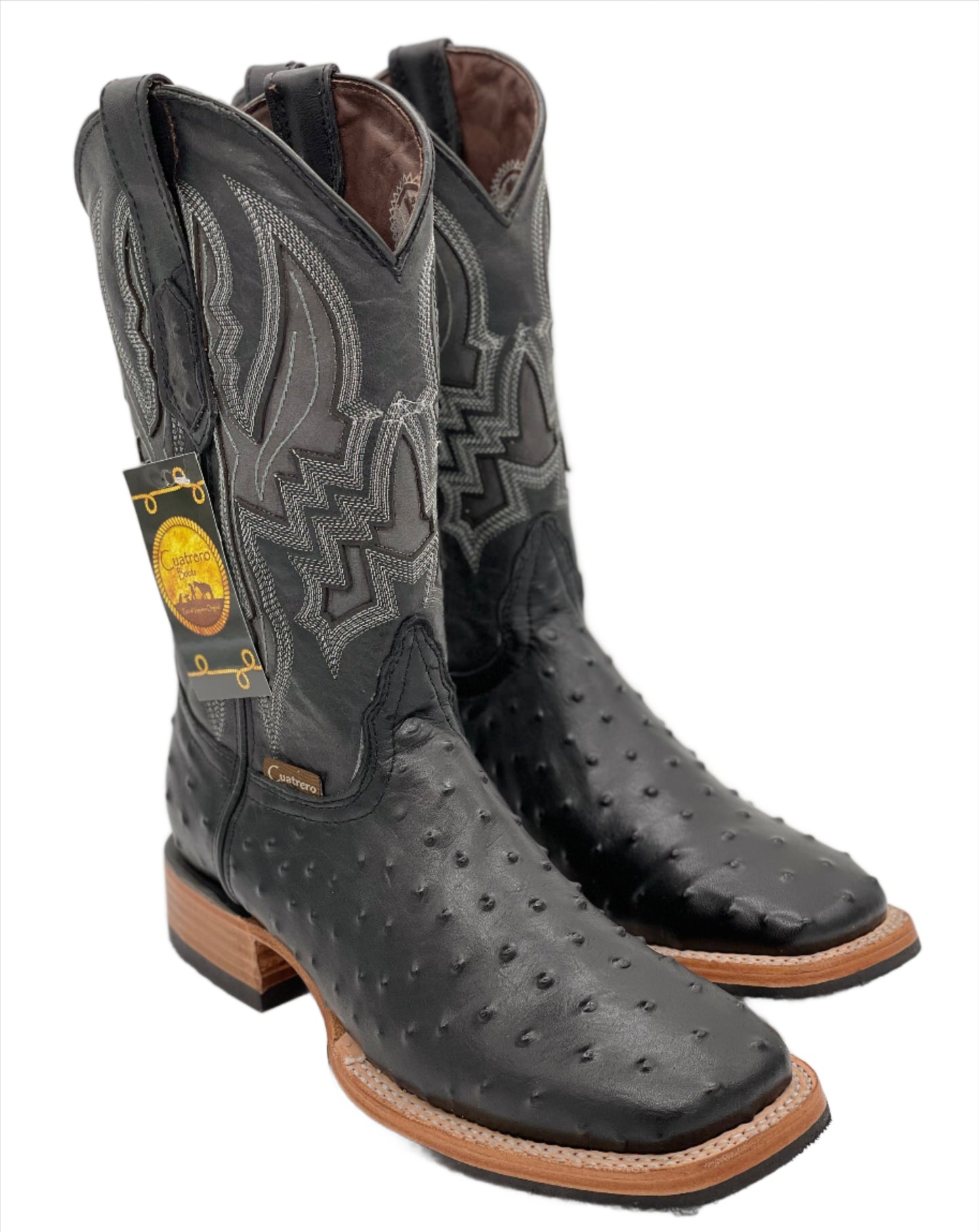 Men's Wide Square Black Ostrich Print Western Boot