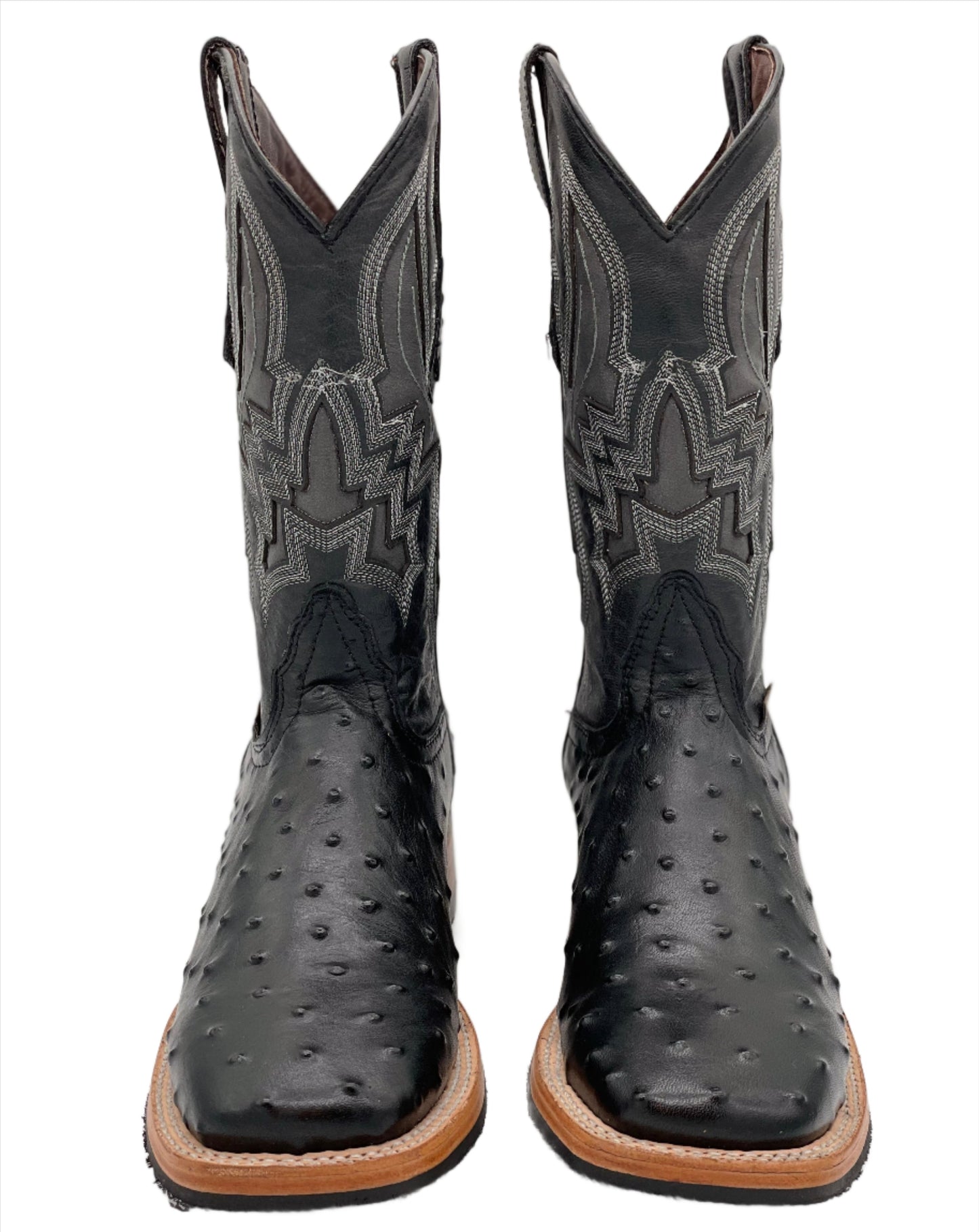 Men's Wide Square Black Ostrich Print Western Boot