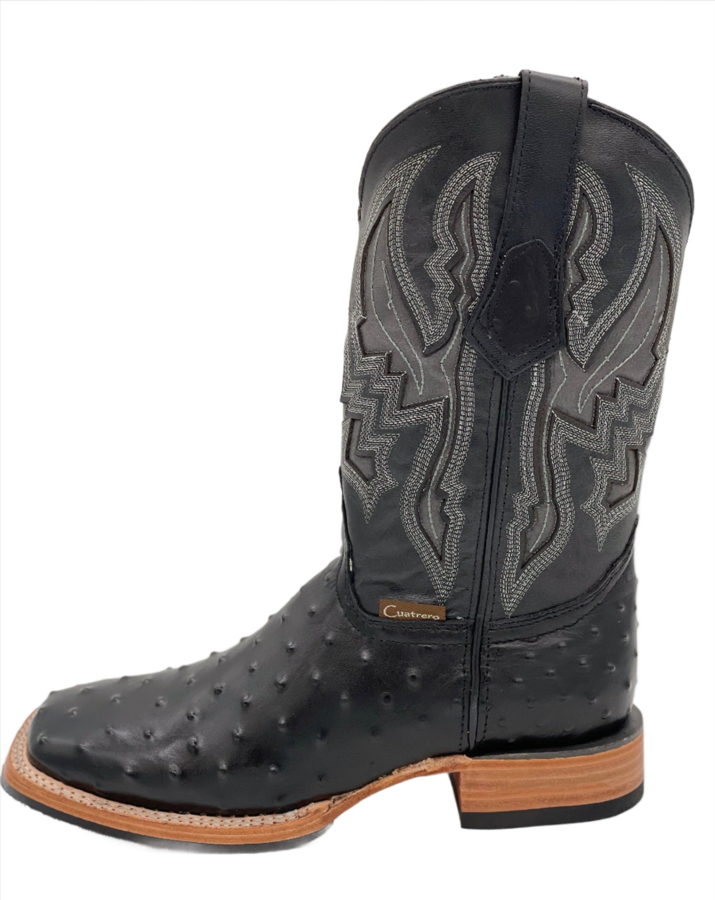 Men's Wide Square Black Ostrich Print Western Boot