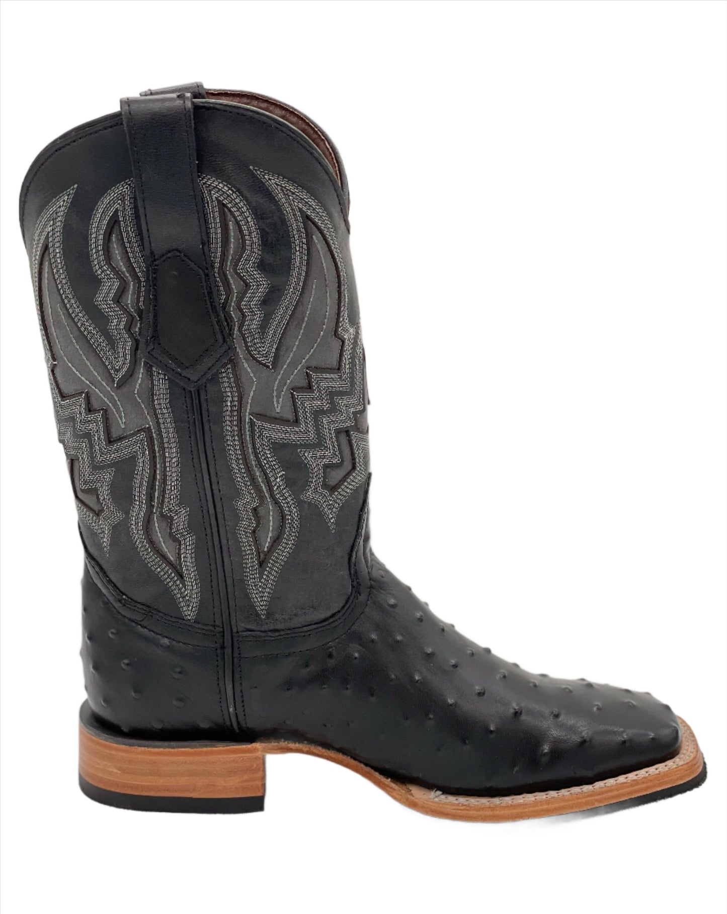 Men's Wide Square Black Ostrich Print Western Boot