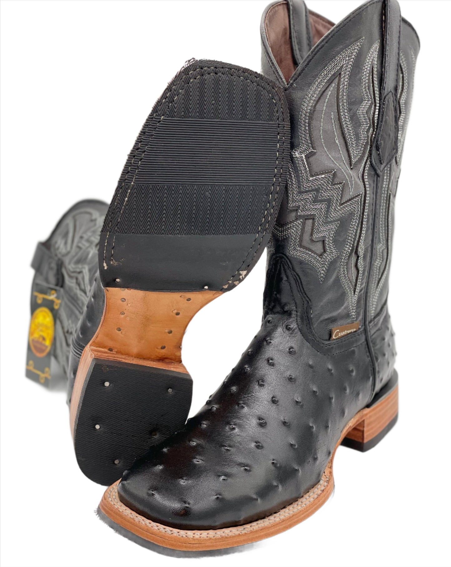Men's Wide Square Black Ostrich Print Western Boot