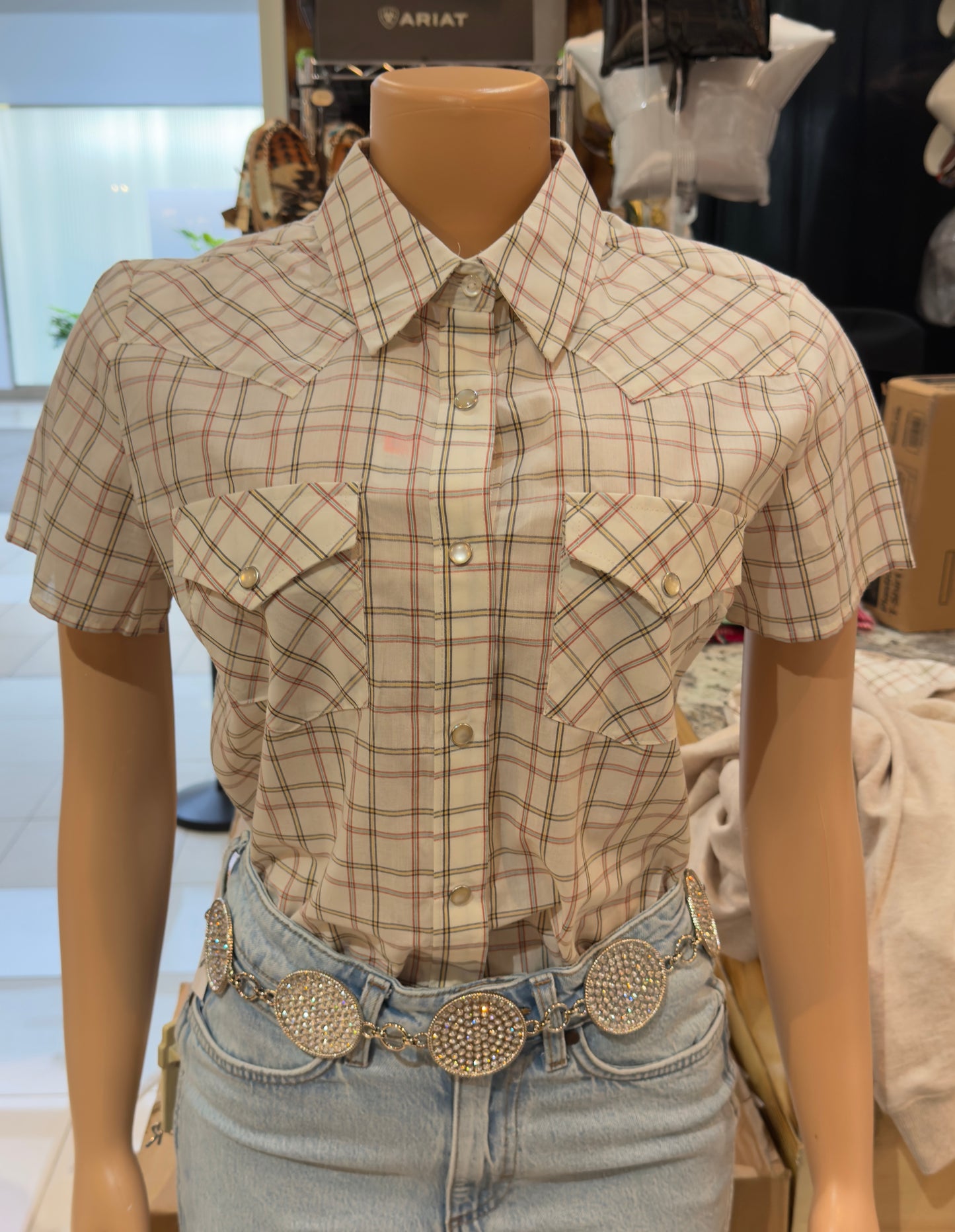 Womens Wrangler Essential Woven Cream Plaid Shirt