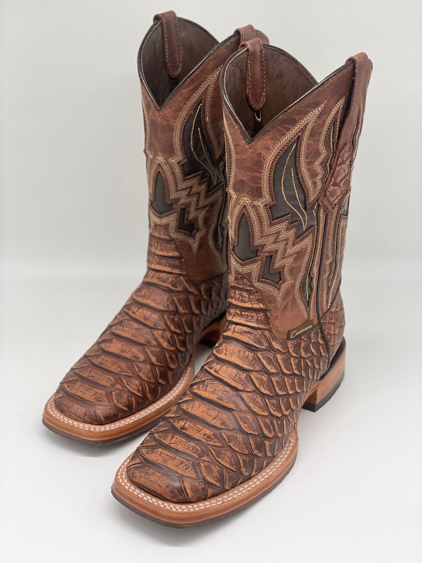 Square Toe Python Print Cognac Rustic - Cuatrero Boots