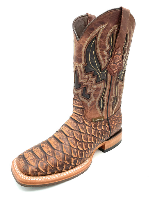 Square Toe Python Print Cognac Rustic - Cuatrero Boots