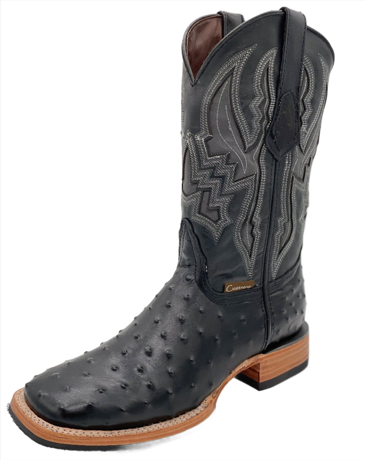 Men's Wide Square Black Ostrich Print Western Boot