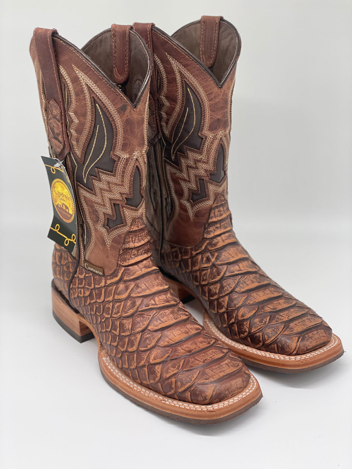 Good American Python Print Boot Square Toe Python Print Cognac Rustic - Cuatrero Boots – Guerrero's ...