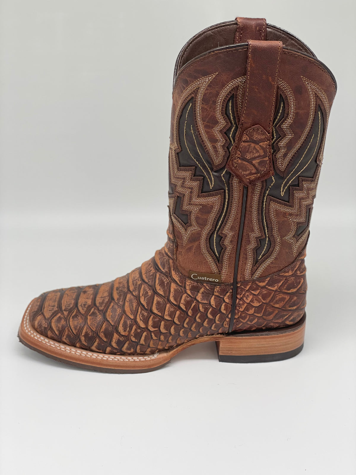 Good American Python Print Boot Square Toe Python Print Cognac Rustic - Cuatrero Boots – Guerrero's ...
