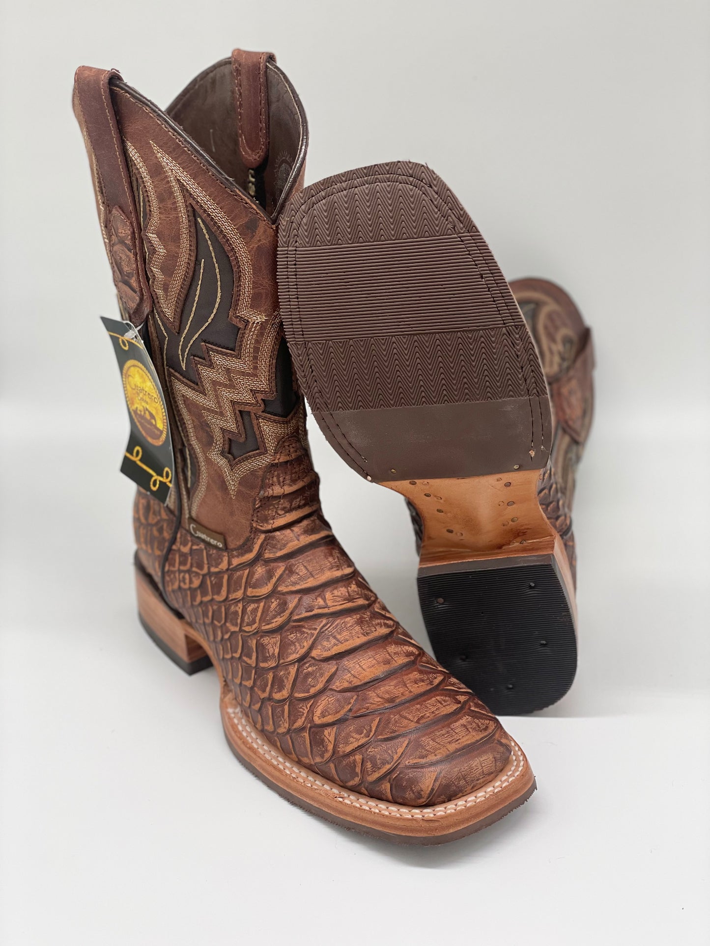 Square Toe Python Print Cognac Rustic - Cuatrero Boots