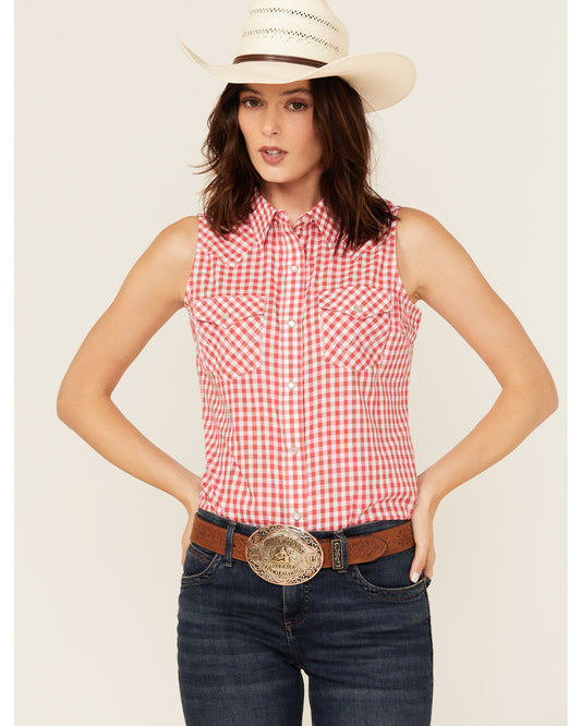 Wrangler Retro Women's Gingham Print Sleeveless Pearl Snap Western Shirt